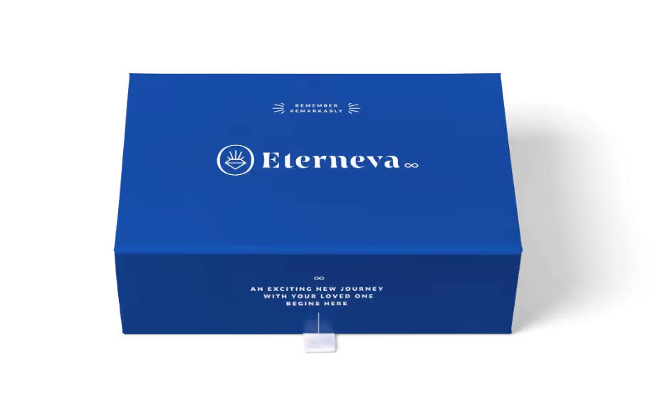 A closed blue Eterneva Welcome Kit box.