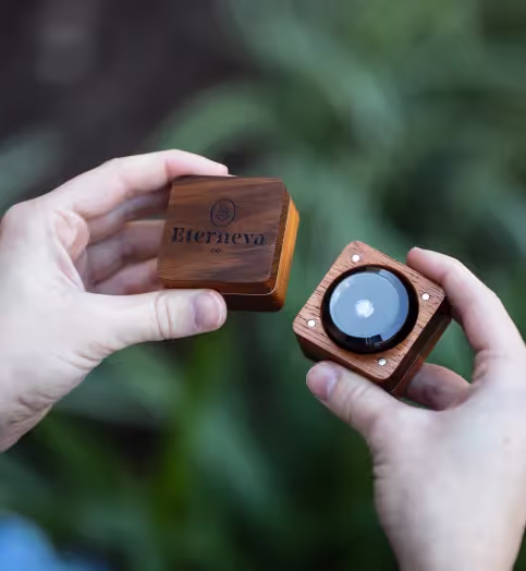 Hands holding a small wooden box with the lid removed, showing a round glass lens inside.