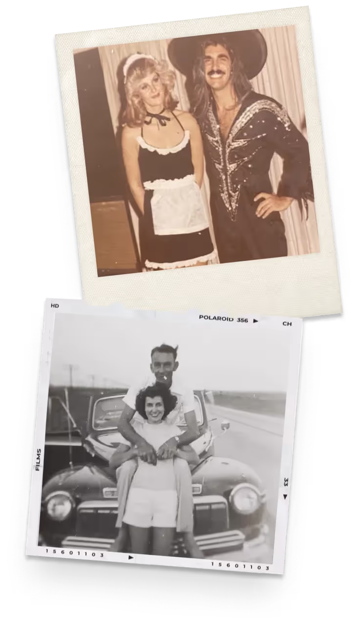 Stacked vintage polaroid photos: a woman in a maid costume and a man in a sequined outfit with a large hat, and a black-and-white image of a man giving a piggyback ride to a smiling woman in front of a classic car.