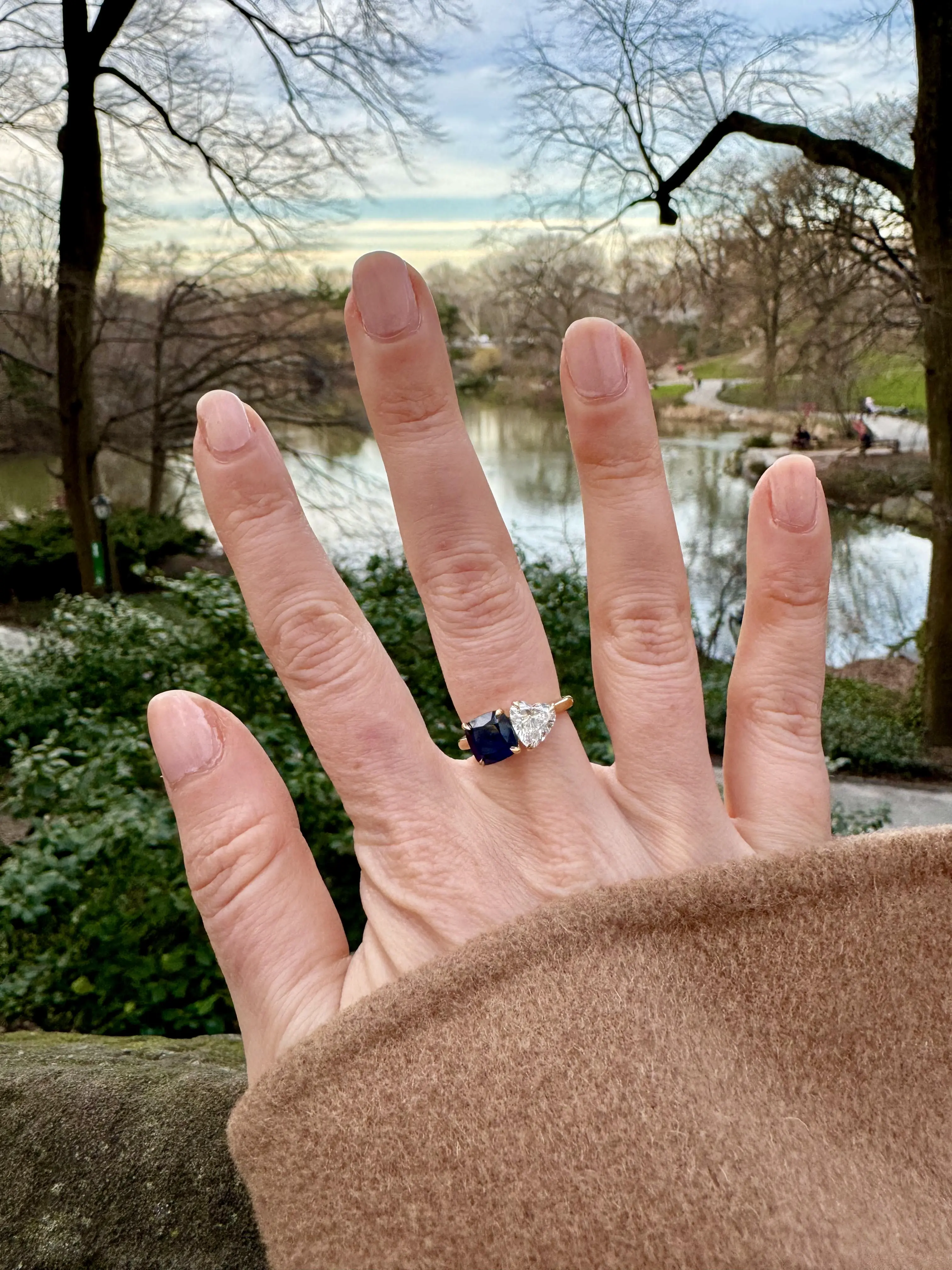 Paige's hand wearing Sawyer's ring, a blue memorial diamond beside a white diamond, by a pond in Central Park