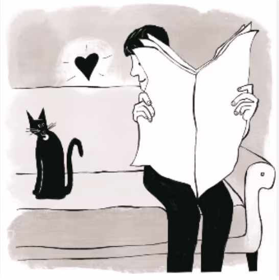 Illustration of a man reading a newspaper with a black cat and a heart beside him