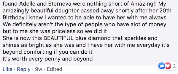 Review “She is now this BEAUTIFUL blue diamond that sparkles and shines as bright as she was and I have her with me everyday.”.