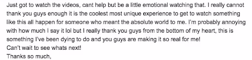 Review “It is the coolest, most unique experience to get to watch something like this all happen for someone who meant the absolute world to me.”.