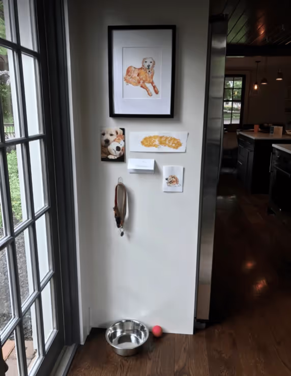 Photo tribute to dog on wall.