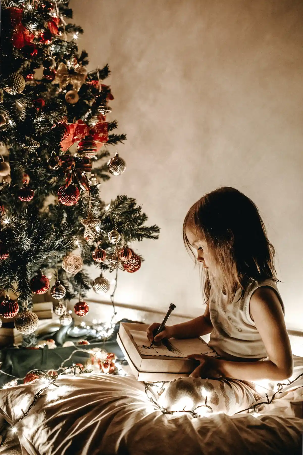 Child drawing next to Christmas tree.