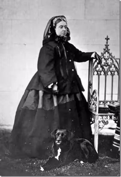 Queen Victoria standing in a black mourning dress and veil with a dog lying at her feet