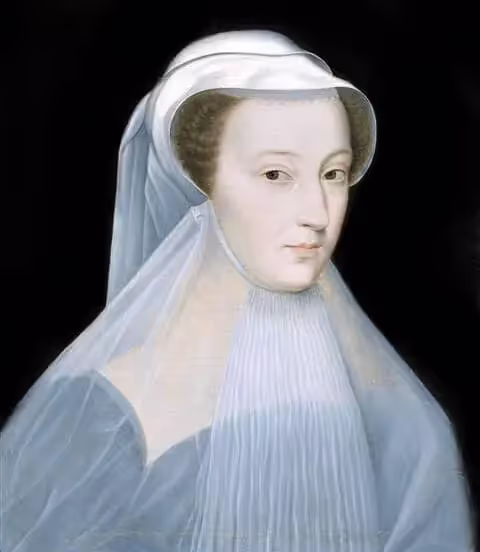 Painted portrait of Mary, Queen of Scots wearing a white mourning veil and headdress