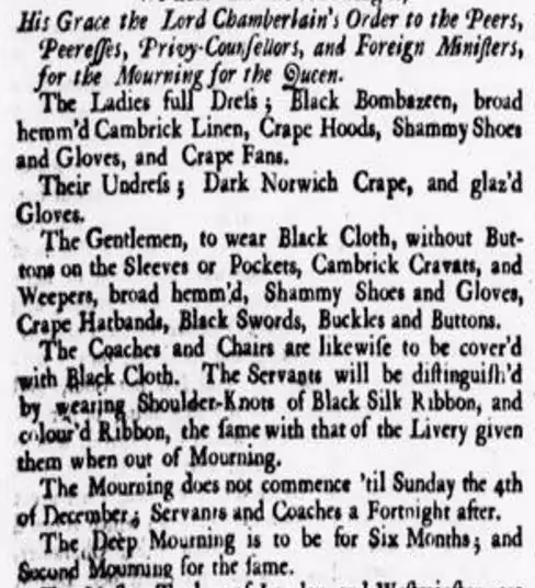 1738 newspaper clipping listing the mourning dress rules for ladies, gentlemen, and servants