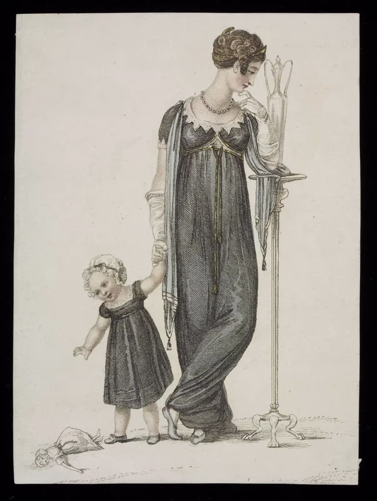 Fashion plate of a woman and young child in dark mourning dresses from 1809