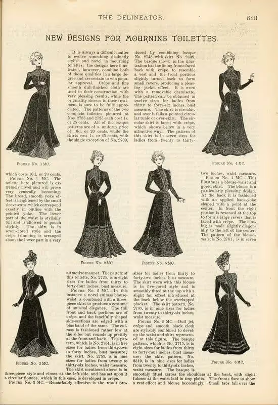 Page from The Delineator, 1899, showing illustrated designs for black mourning dresses