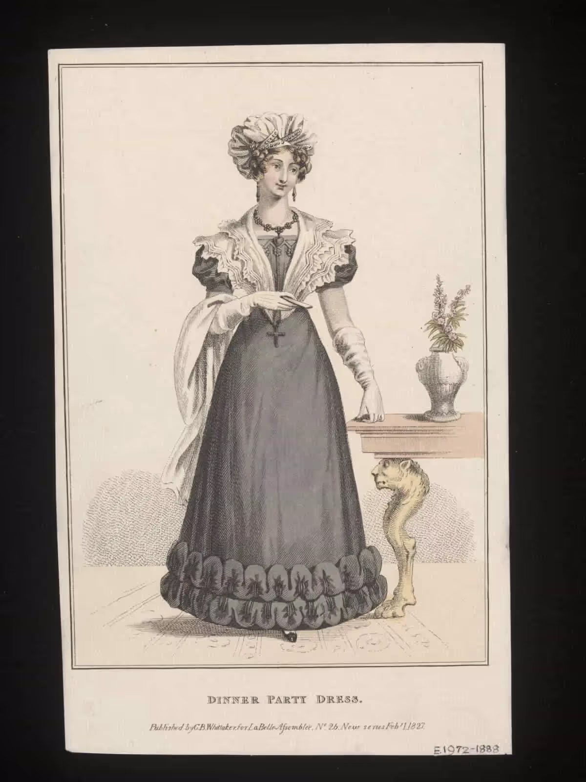 1827 fashion plate of a woman in a black dinner dress with a ruffled hem and white cap